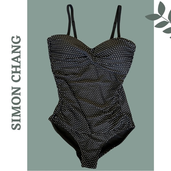 Simon Chang Women's One Piece Swimsuit Black White Polka Dot Size 16 - Picture 1 of 7